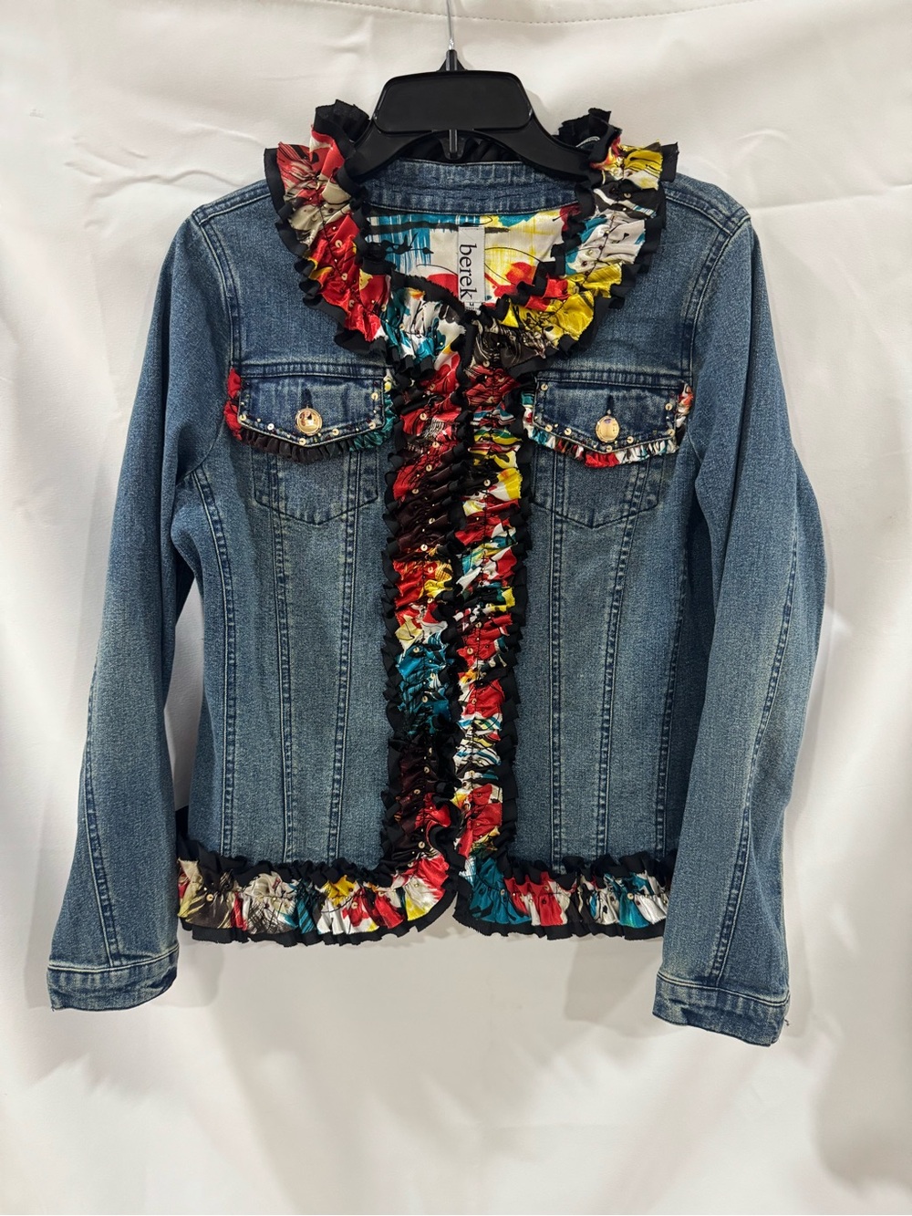 berek Blue Denim Jacket with Multicolor Ruffle Trim